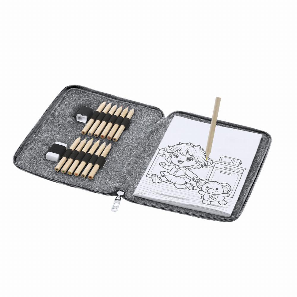 A colouring set featuring coloured pencils, a drawing pad, and a zippered grey case. Shepher - Image 1