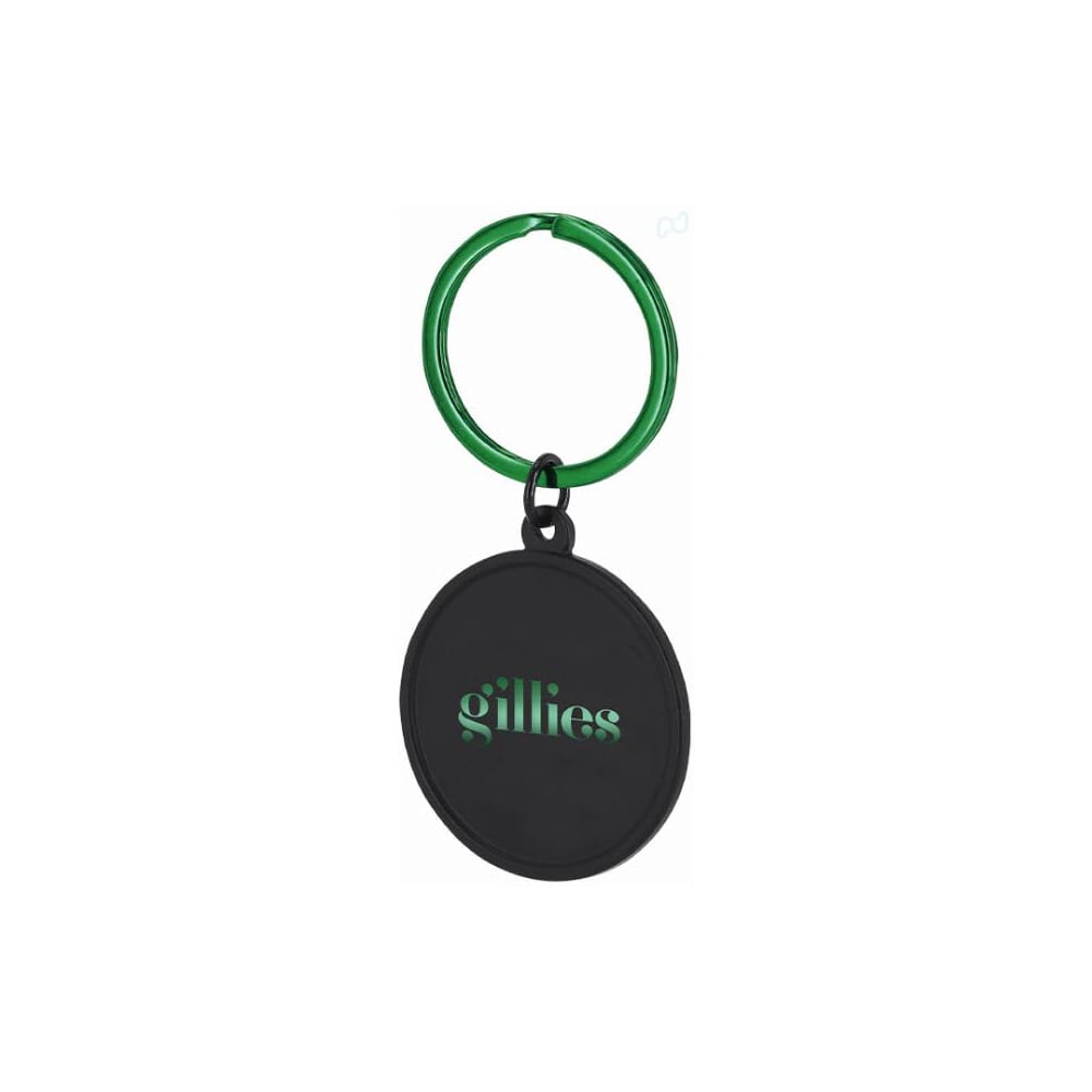 A keyring featuring a black circular disc and a green metal loop, with a logo on the disc. Klapson - Image 1