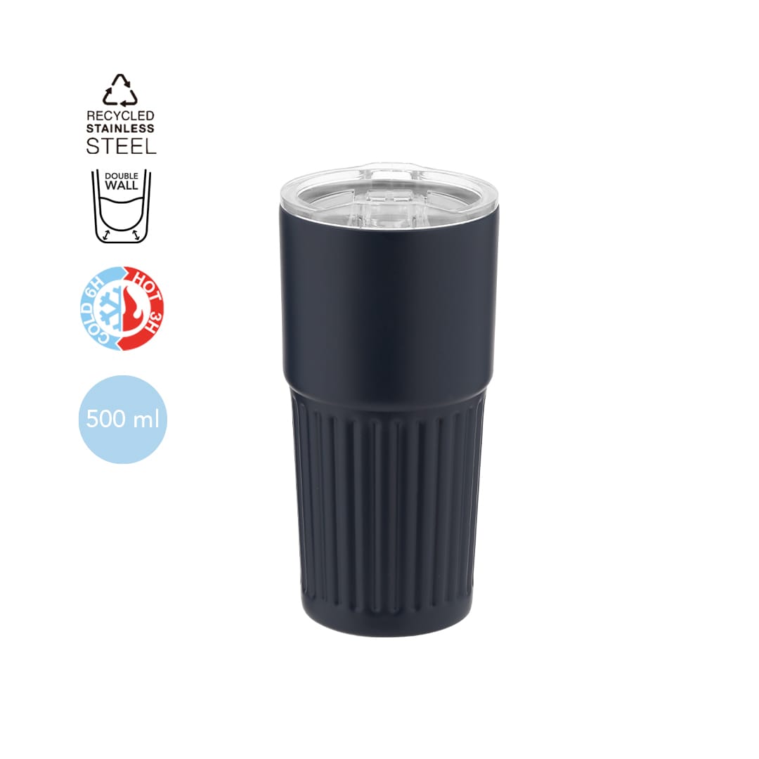 A drink bottle featuring a navy blue finish, made of recycled stainless steel with a double-walled design and clear lid. Gillan Insulated Cup - Image 1