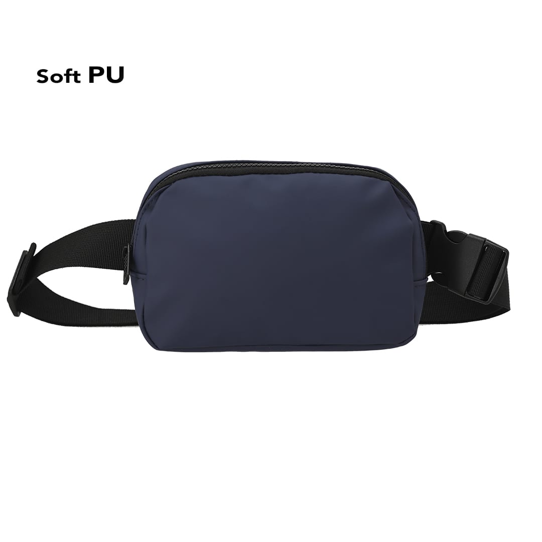 A navy blue bum bag made of soft PU material, featuring a buckle strap and a zippered pocket. Kaply Waistbag - Image 1