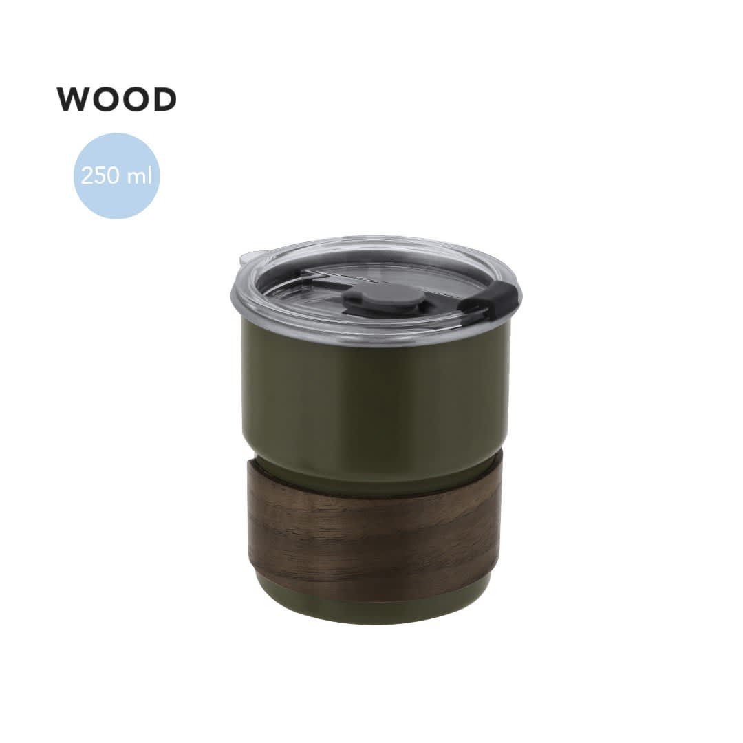 A drink bottle featuring a green upper section and a wooden lower section, with a clear lid and a logo. Holds 250 ml. Gasking Cup - Image 1