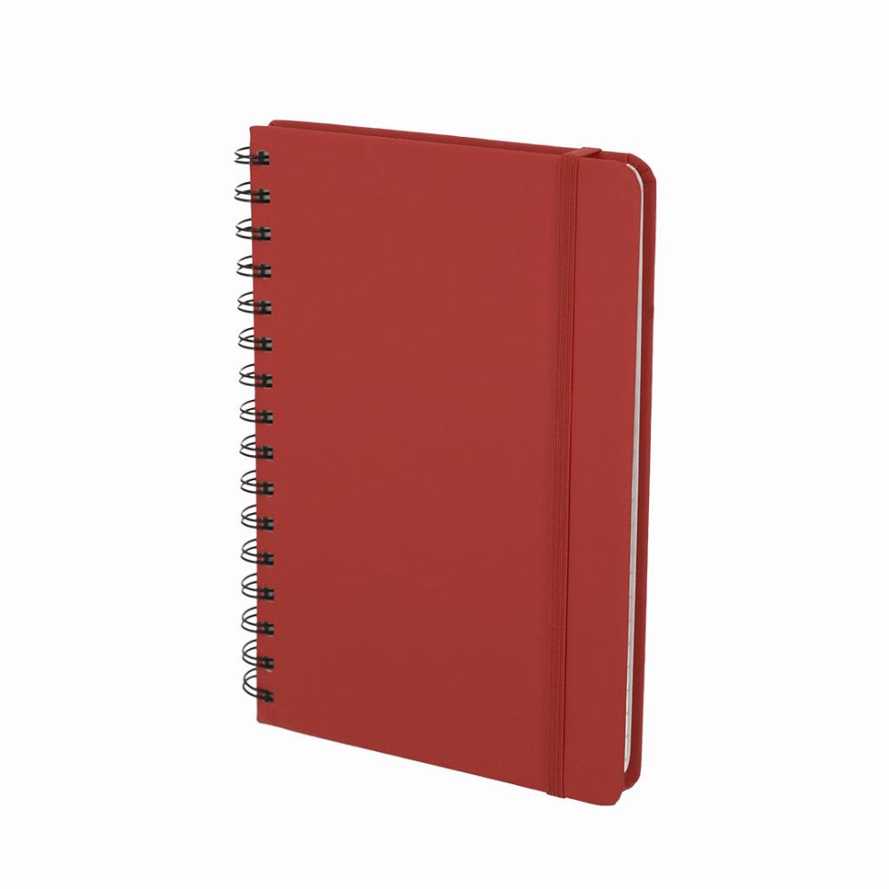 A red spiral-bound notebook with a plain cover and an elastic band for closure. Pusik - Image 1