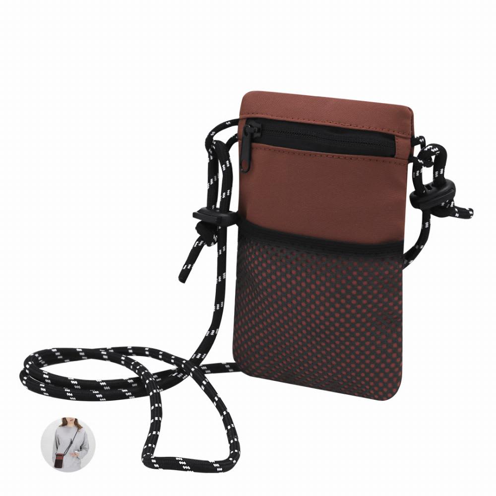 A crossbody phone pouch in brown and black with a patterned design and a detachable strap. It has a zippered pocket. Veltox - Image 1