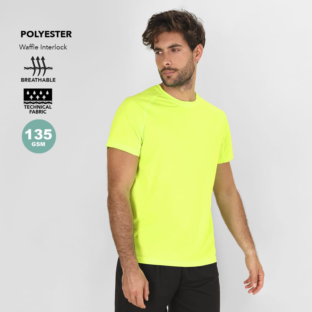 A bright neon yellow adult T-shirt made from breathable polyester fabric, featuring a logo on the side. Cocker Adult T-Shirt - Image 1