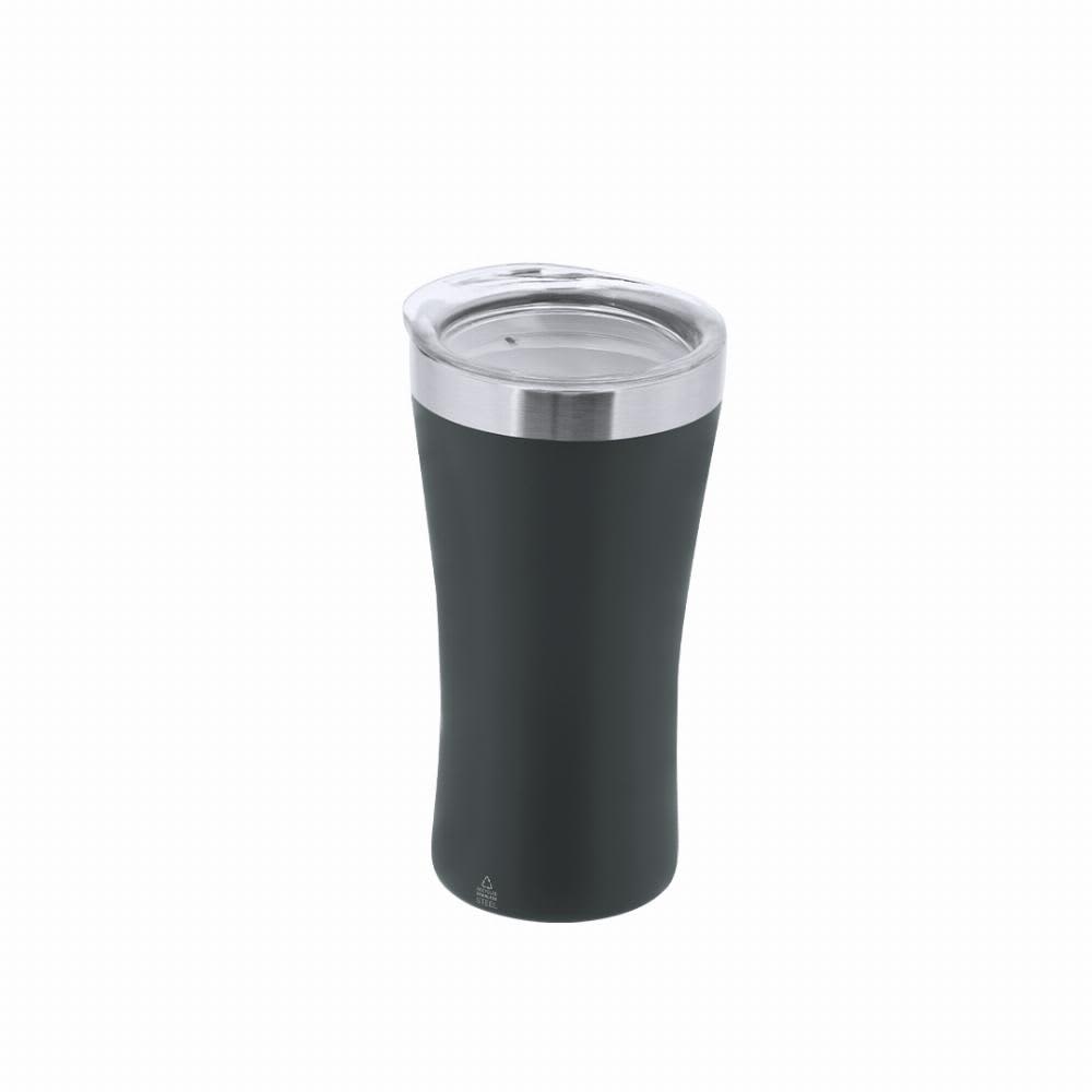 A drink bottle with a sleek black design, featuring a stainless steel lid and a curved shape. It includes a logo. Cozard - Image 1