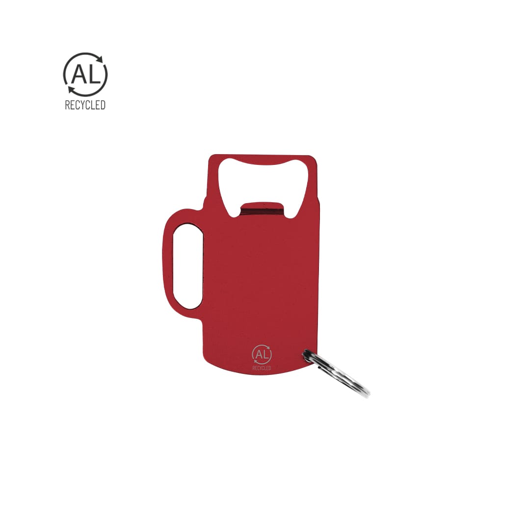 A drink bottle opener keyring in red with a handle and a keyring attachment, featuring a logo. Berman Opener Keyring - Image 1