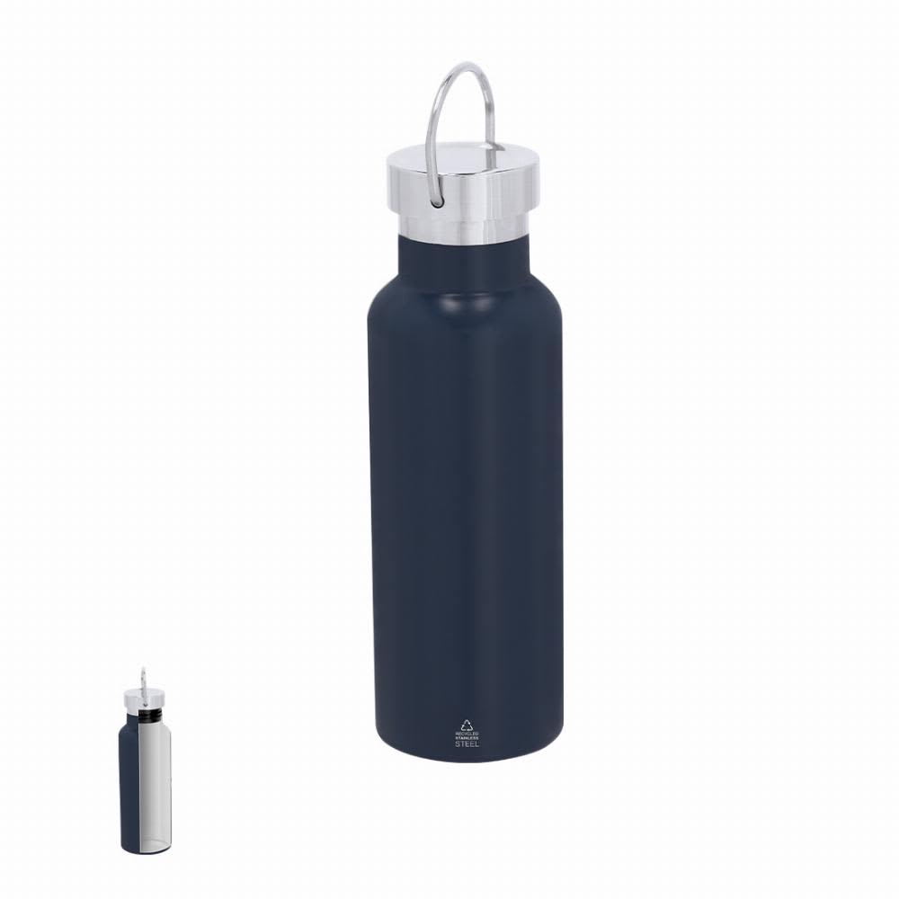 A drink bottle in navy blue with a silver lid and a loop handle, featuring a logo on the bottom. Libix - Image 1
