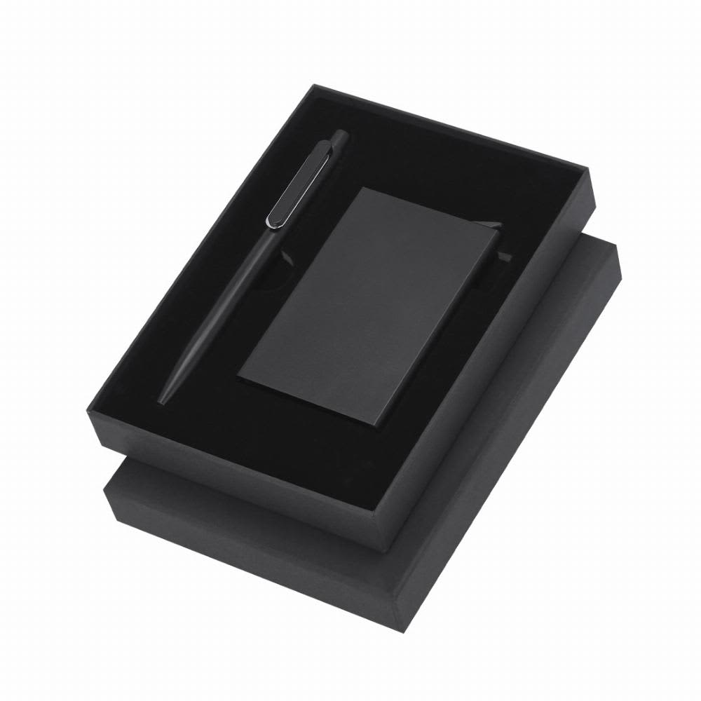 A black gift set featuring a pen and a notepad, presented in a sleek black box with a soft interior. Randolph - Image 1