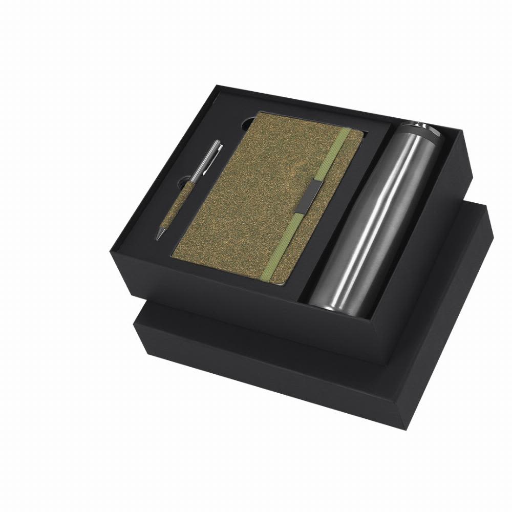 A gift set featuring a silver drink bottle, a gold notebook with a green strap, and a silver pen, all in a black box. Kaley - Image 1