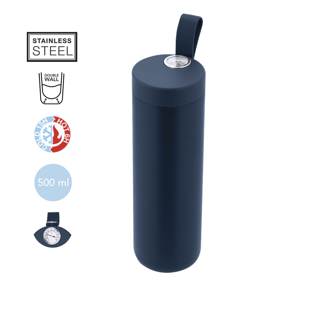 A drink bottle in dark navy blue, made of stainless steel, with a double-wall design and a carrying strap. Royan Insulated Bottle - Image 1