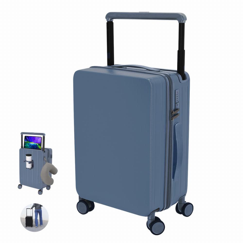 A blue suitcase with a retractable handle and wheels, featuring an integrated compartment for a drink and tablet. Corbin - Image 1