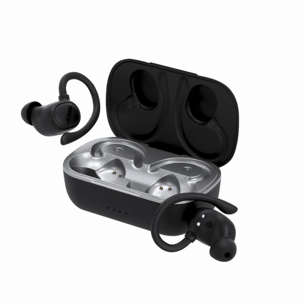 Wireless earbuds in a black charging case, featuring a sleek design and ear hooks for a secure fit. Gumex - Image 1