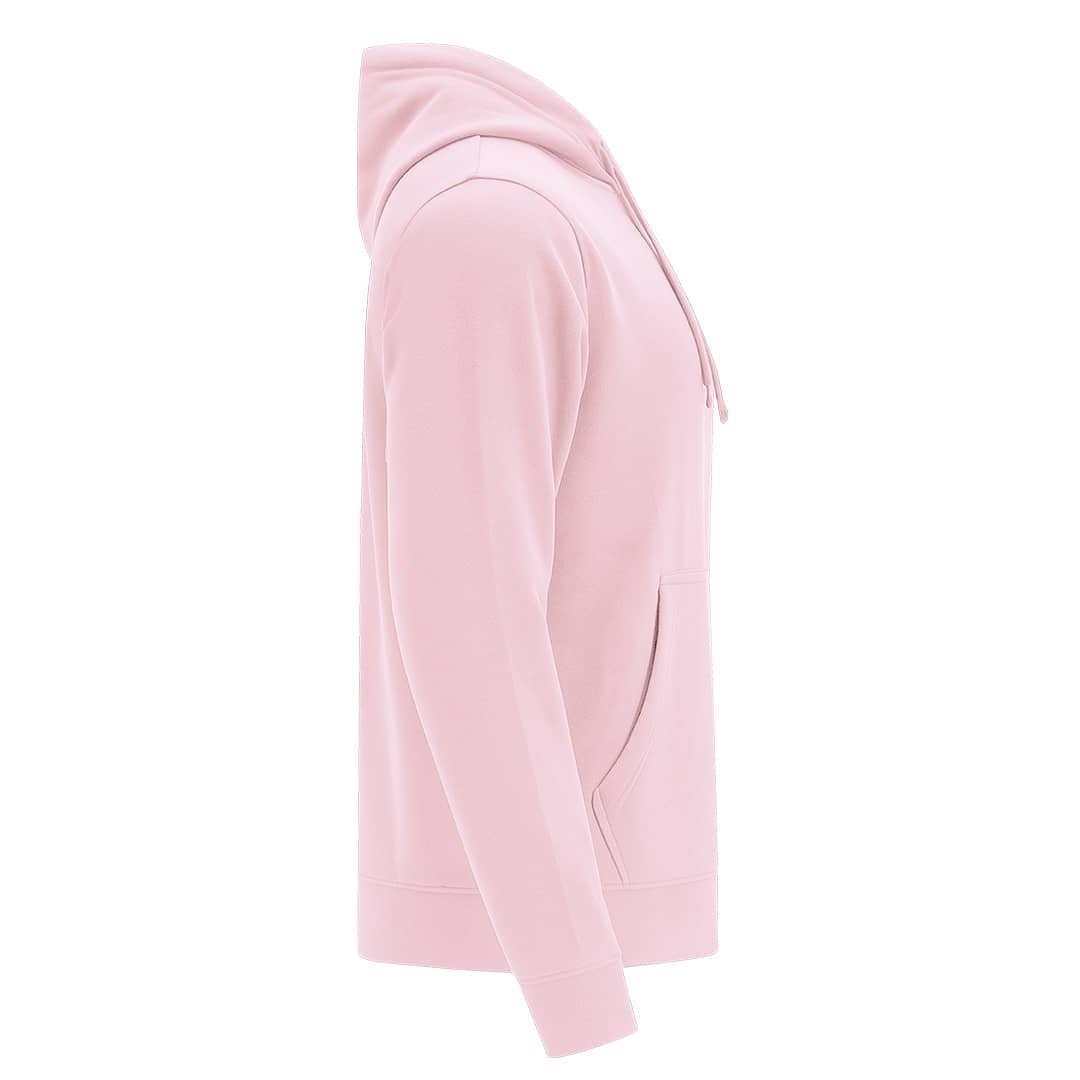 A pink women’s sweatshirt with a hood and front pocket, featured in a side view. It has a brand logo. Draco Women Sweatshirt - Image 1