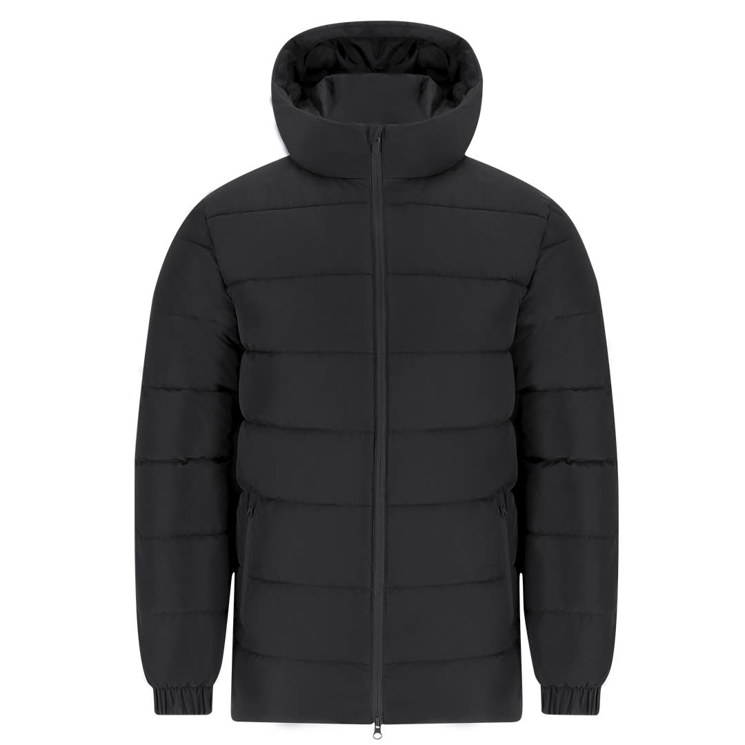 A black puffer jacket featuring a zip front, hood, and elastic cuffs, with a logo on the design. Eren Parka - Image 1