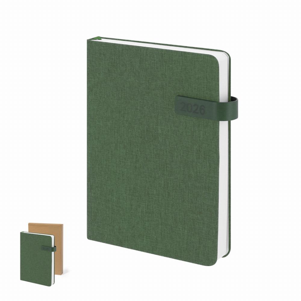 A green notebook with a textured cover and an elastic band, accompanied by a smaller brown booklet. Mylok - Image 1