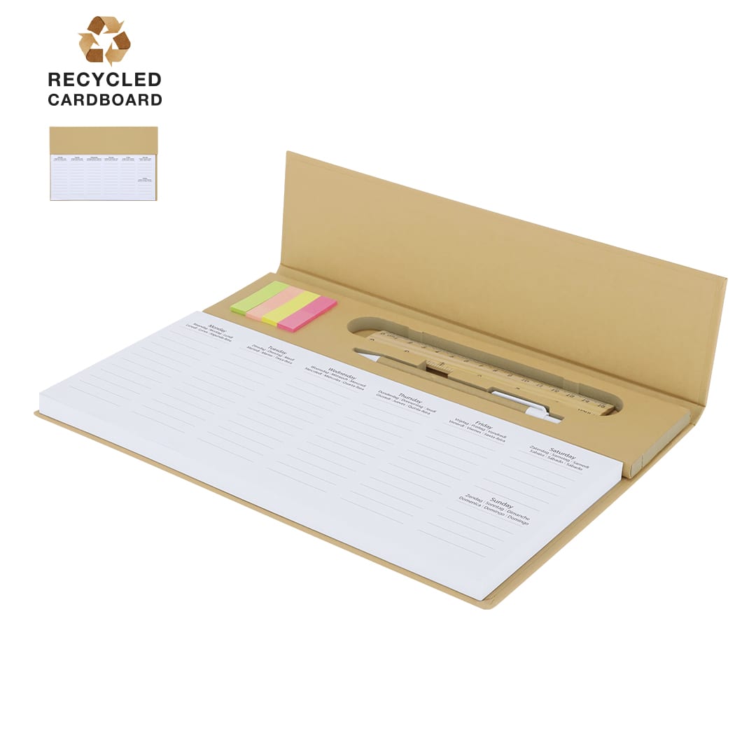 A beige planner made from recycled cardboard, featuring a white writing surface, sticky notes, and a ruler. It has a logo. Isan Weekly Planner - Image 1