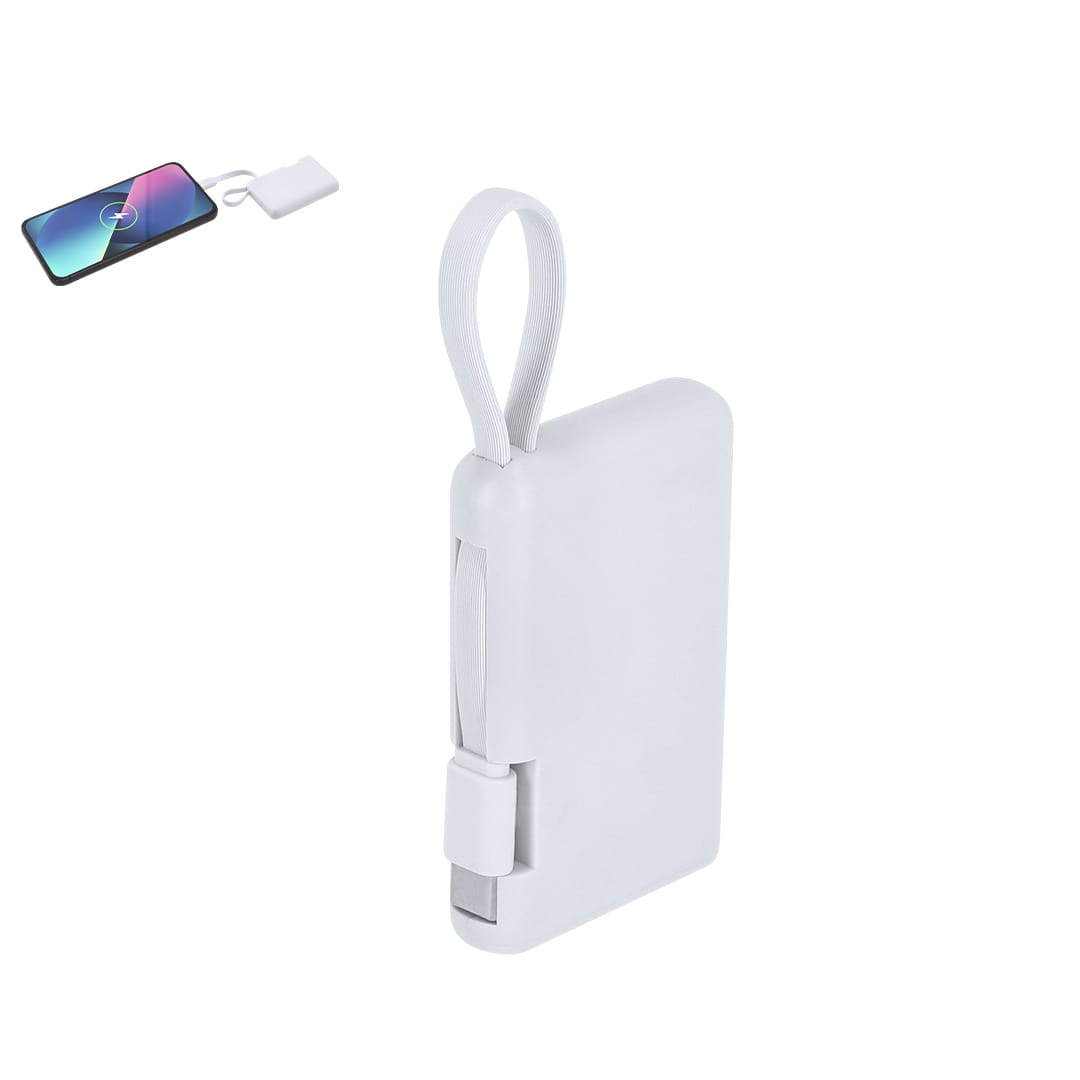 A white power bank with a detachable cable, designed for charging devices. It features a built-in loop for easy carrying. Brandin Power Bank - Image 1