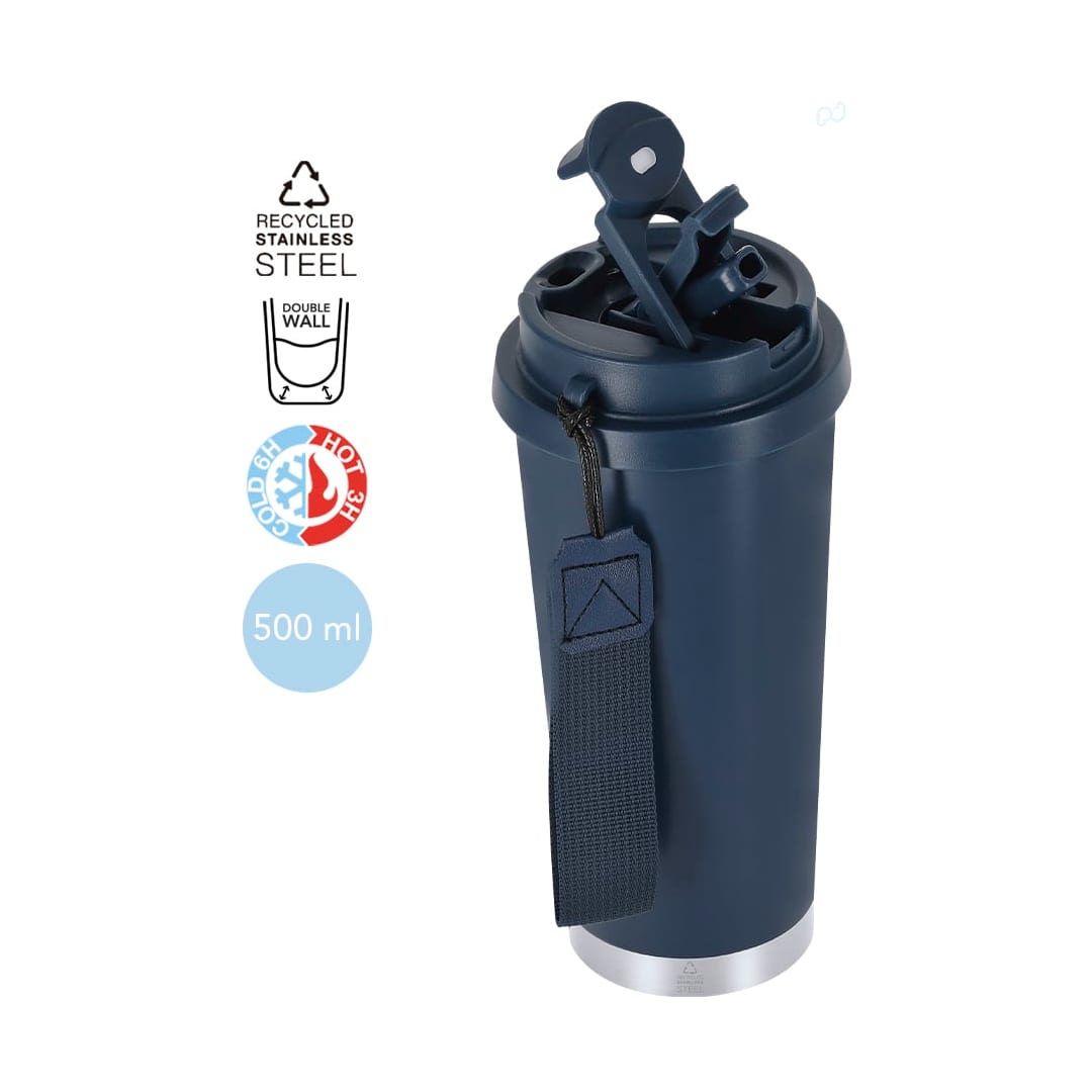 A drink bottle made of navy recycled stainless steel with a double wall, featuring a lid and a carrying strap. Kazont Insulated Cup - Image 1