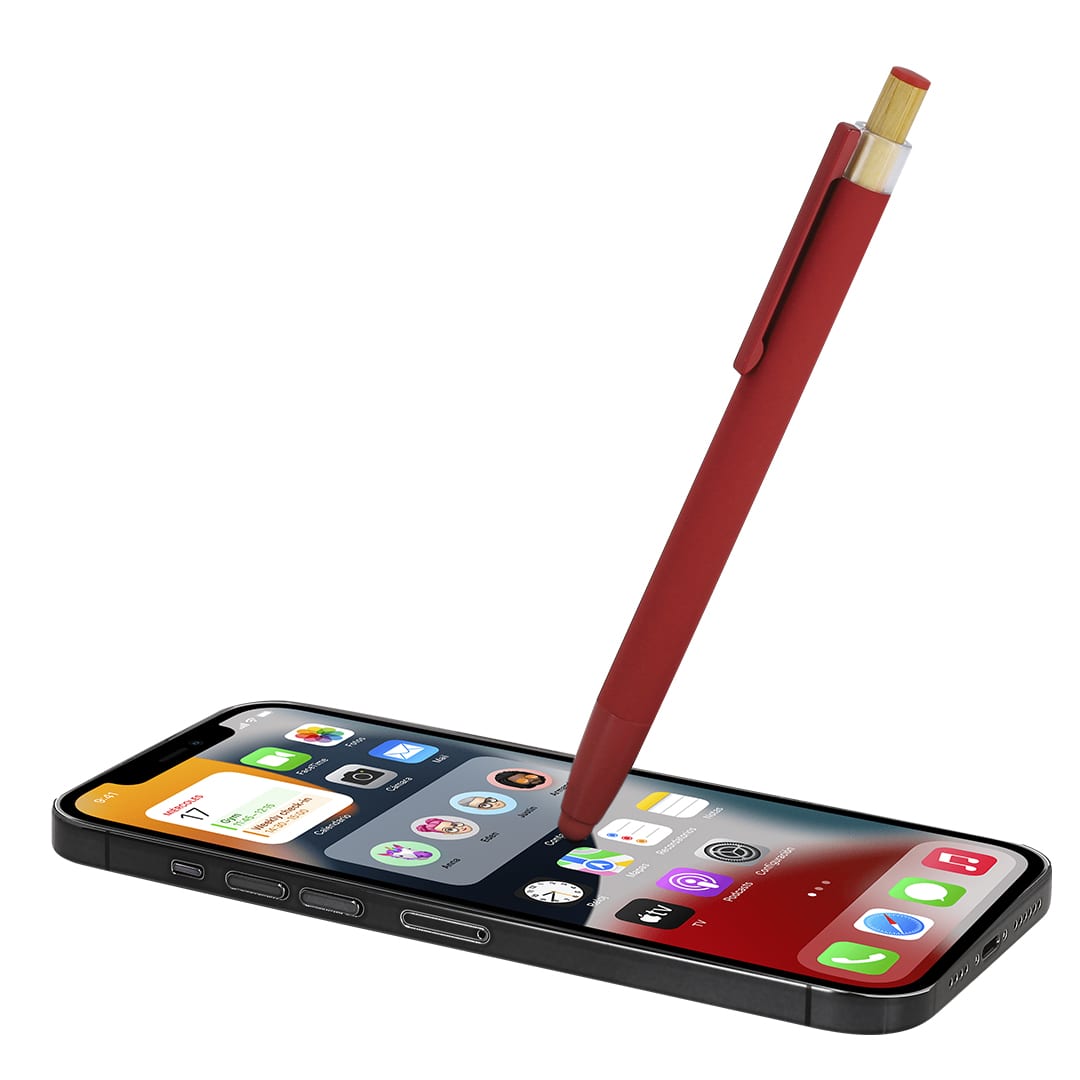 A red stylus ball pen placed on a smartphone screen, featuring a branding logo. Kiner Stylus Touch Ball Pen - Image 1