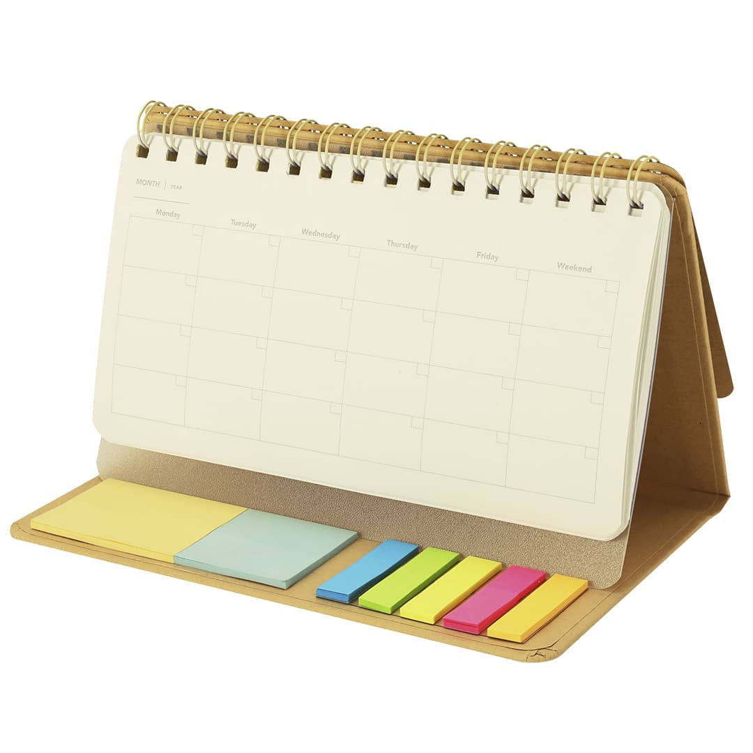 A desk planner notebook with a spiral binding, featuring a beige cover and assorted sticky notes in various colours. Gambel Planner Notebook - Image 1