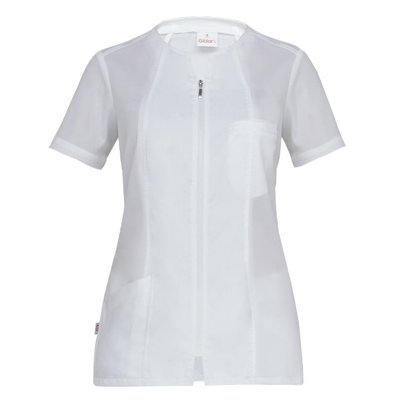 A short-sleeved white tunic featuring a zip front and a pocket, designed for a sleek, professional look. Nicole Tunic - Image 1