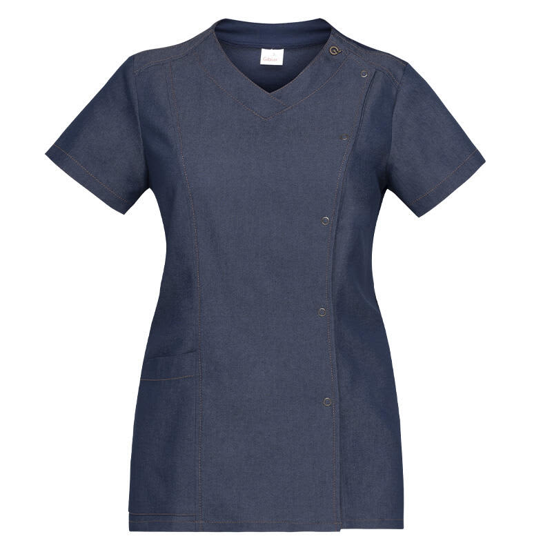 A navy blue Alina Tunic with short sleeves and a V-neck design, featuring a snap button closure and a pocket. Alina Tunic - Image 1