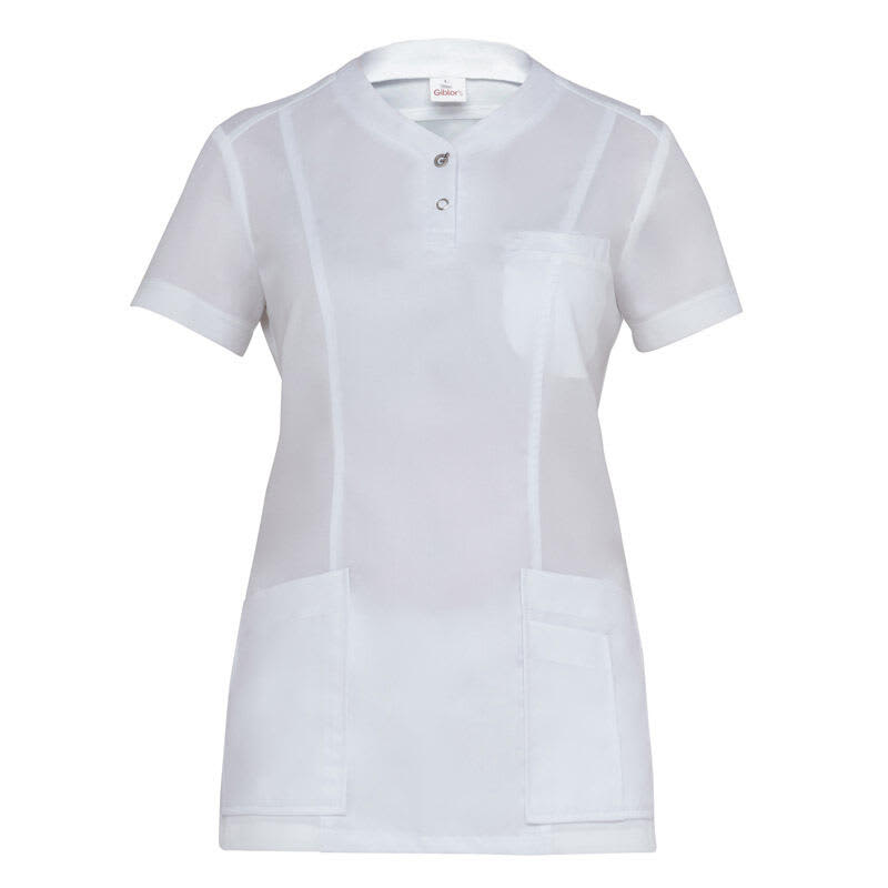 A white tunic featuring a collared neckline, short sleeves, and front pockets. It has a logo on the label. Chloe Tunic - Image 1
