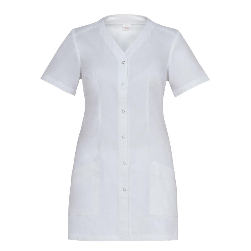 A short-sleeved white tunic with a button-up front and two pockets, featuring a branding logo. Nina Tunic - Image 1