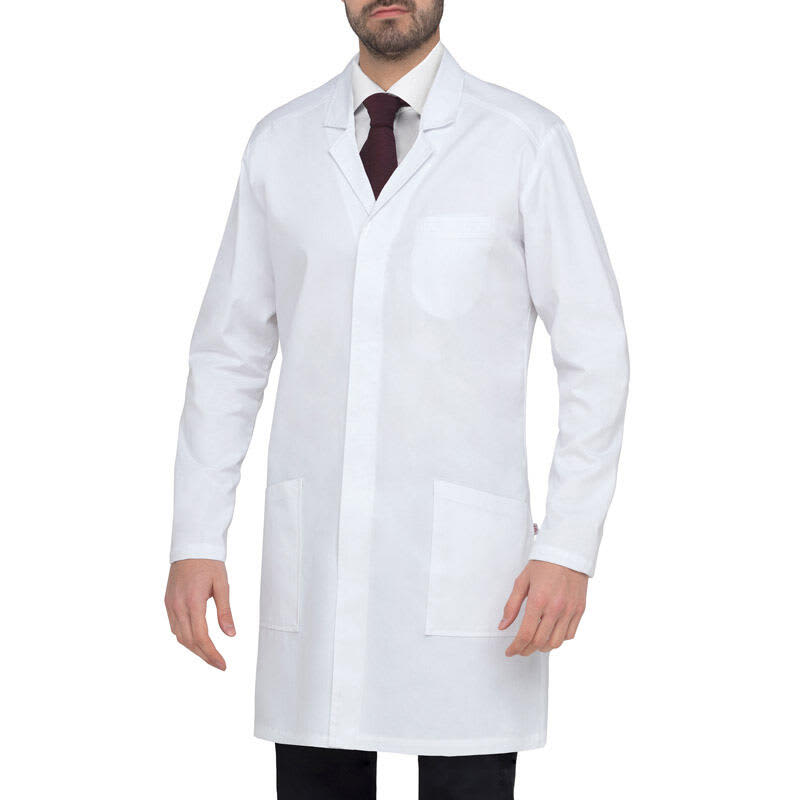 A white lab coat with long sleeves, a collar, and pockets, worn by a model. It features a logo on the fabric. Edoardo Lab Coat - Image 1