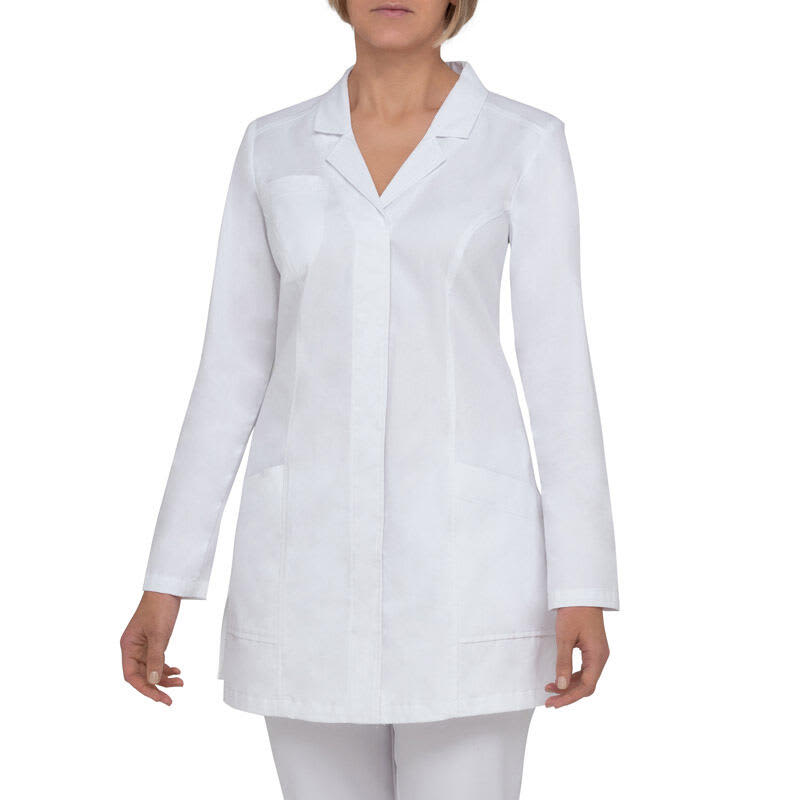 A white lab coat with long sleeves and a collar, featuring two front pockets. The model is wearing it. Ginevra Lab Coat - Image 1