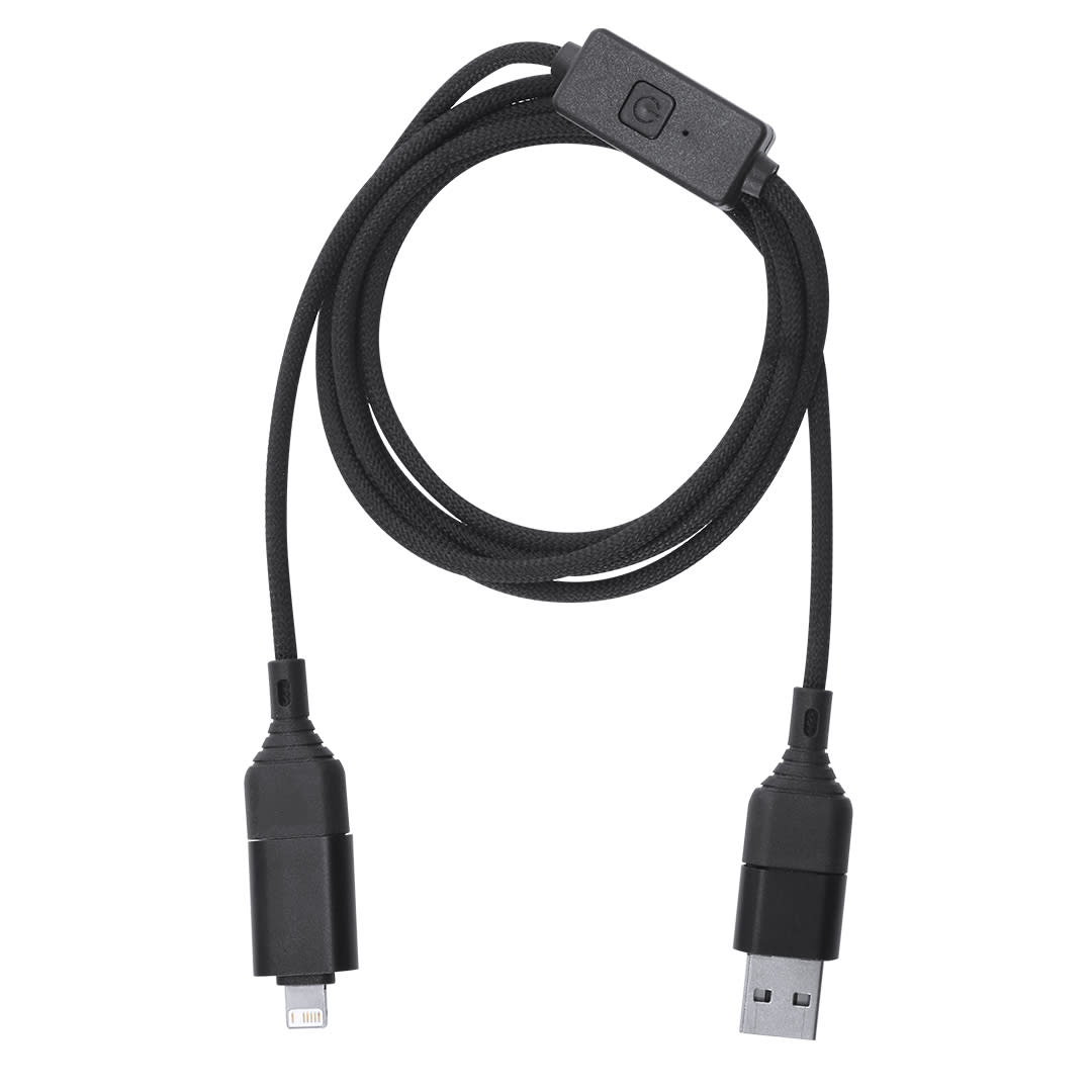 A black charging cable with two connectors, featuring a branded section and a switch. Gabbo Hacking Protection Cable - Image 1