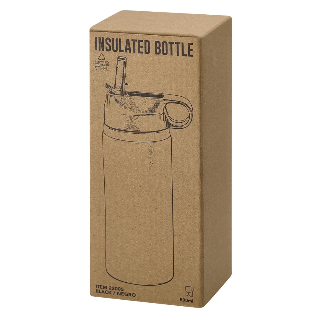 A drink bottle in black with a straw, presented in a cardboard packaging. Includes a logo on the bottle. Gomery Insulated Bottle - Image 1