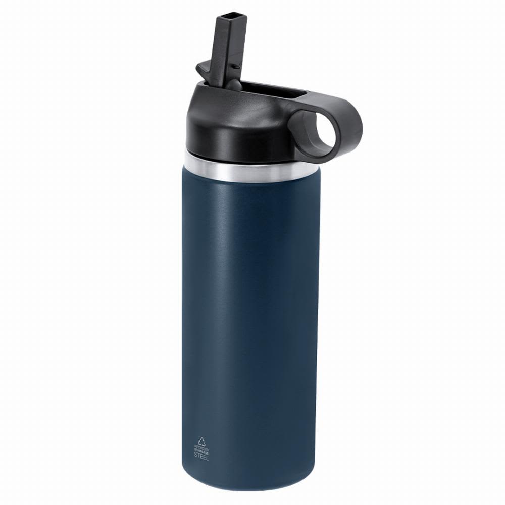 A drink bottle in navy blue with a black lid and a spout, featuring a logo on its surface. Gomery - Image 1
