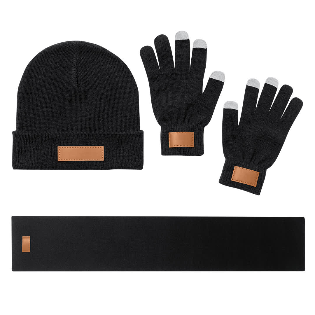 A black beanie, black gloves with tip accents, and a black scarf with a logo. Hibbert Set - Image 1
