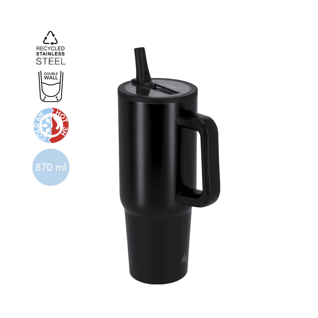 A black insulated jug made of recycled stainless steel, featuring a handle and a straw, with a capacity of 870 ml. Huver Insulated Jug - Image 1