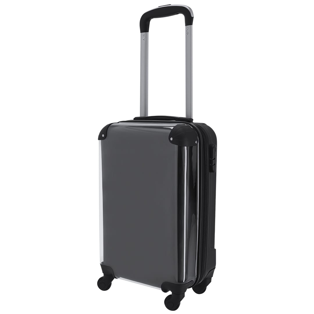 A black wheeled trolley bag with a glossy finish and a retractable handle, featuring four wheels for easy mobility. Pletux Trolley - Image 1
