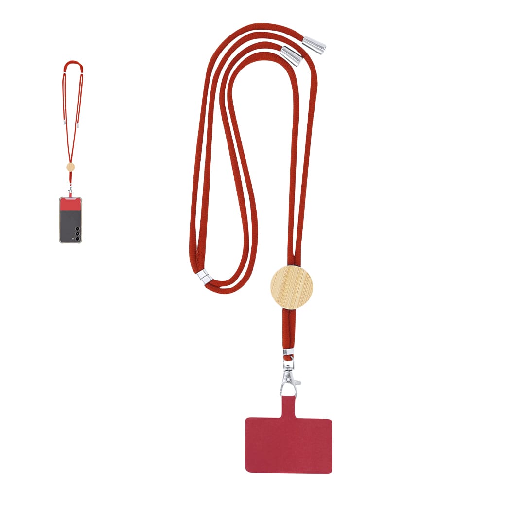 A red lanyard with a wooden holder and a rectangular tag, designed for exhibitions and events. Thorne Holder Lanyard - Image 1