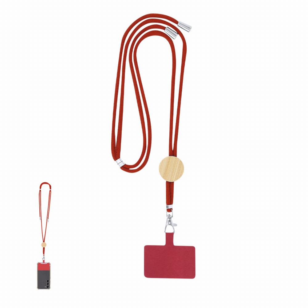 A lanyard with a red strap and a wooden toggle, featuring a rectangular cardholder attachment. Thorne - Image 1