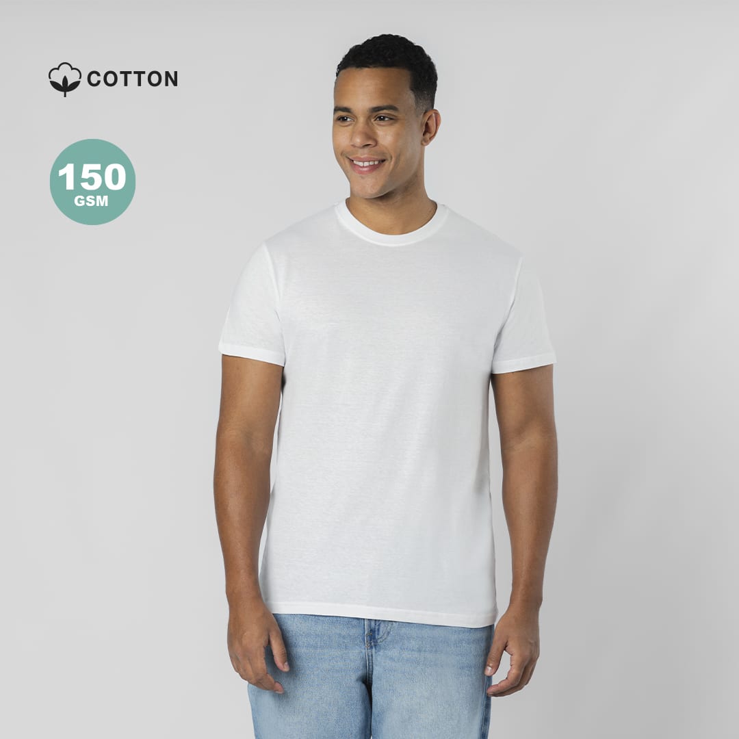 A white adult t-shirt made of cotton, featuring short sleeves and a round neckline. It includes a logo. Epika Adult White T-Shirt - Image 1