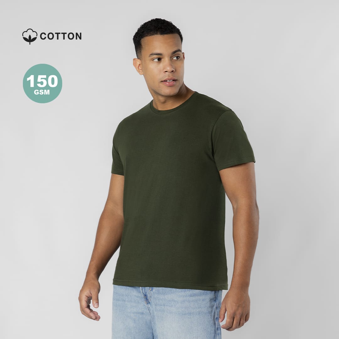 An olive green adult T-shirt made from cotton, featuring a simple design and a small logo. Epika Adult Colour T-Shirt - Image 1
