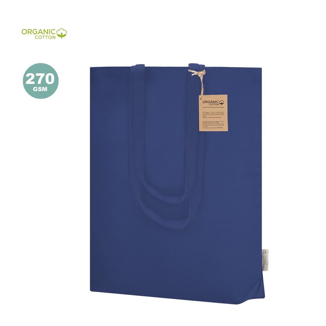 A navy blue tote bag made of organic cotton, featuring two handles and a tag with branding. Enarak Bag - Image 1