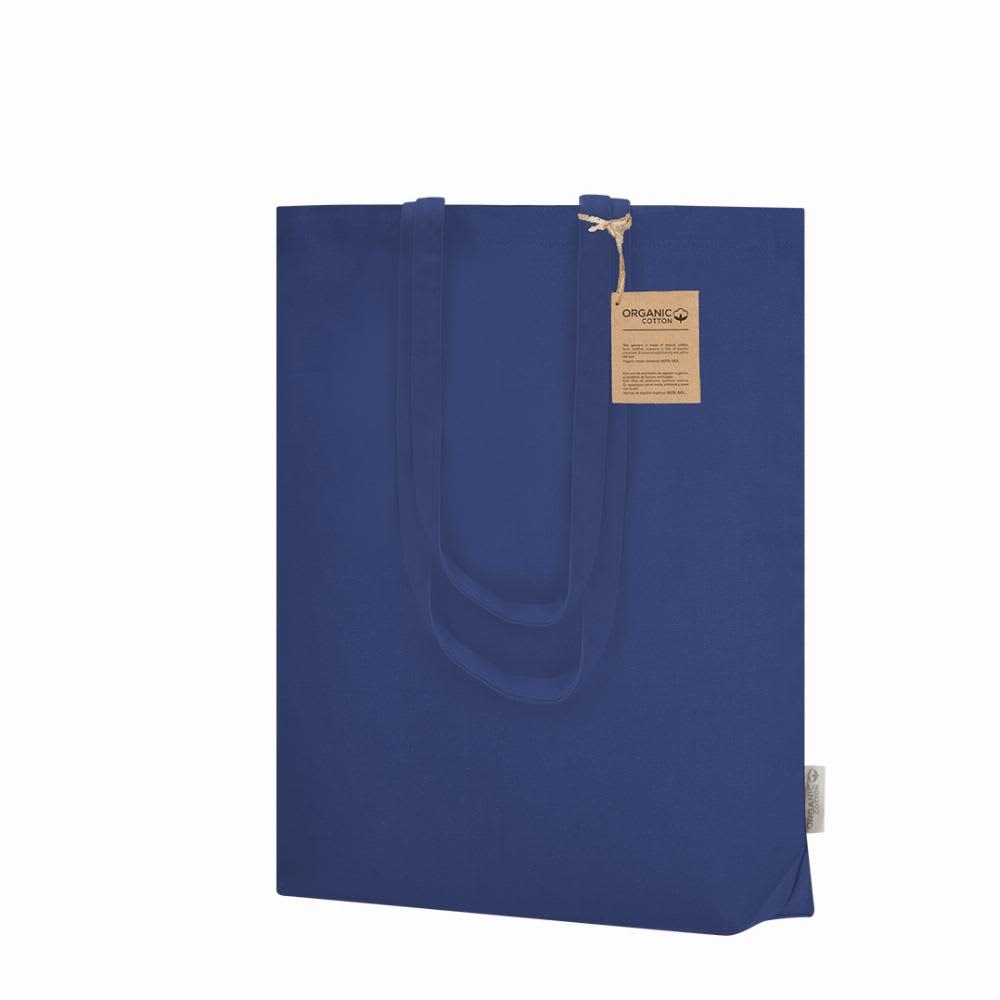 A reusable tote bag in navy blue, featuring long handles and a tag. The bag has a simple, solid design. Enarak - Image 1