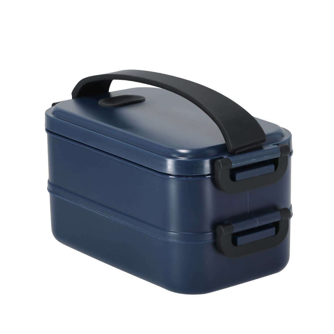 A navy blue lunch box with a black handle and clips, featuring a two-tier design. It has a logo on the side. Curibox Lunch Box - Image 1
