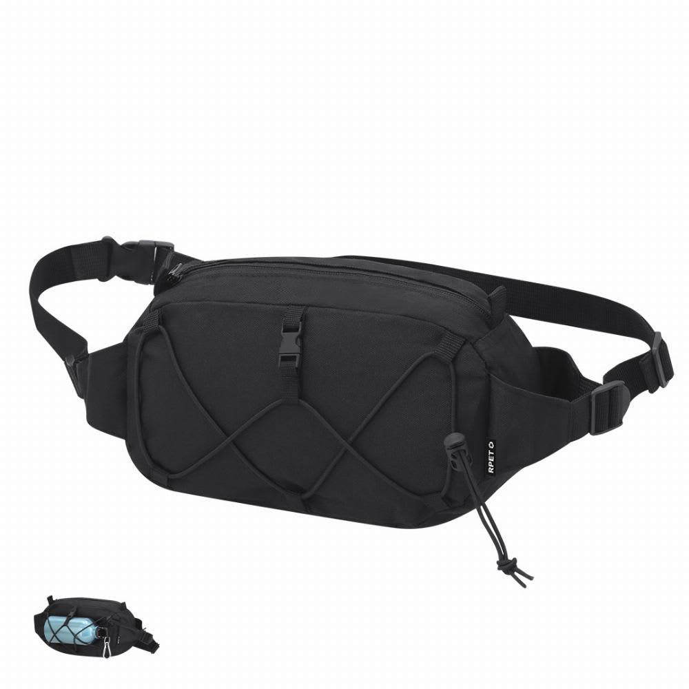 A black waist bag with an adjustable strap and exterior bungee cords, featuring a logo on the front. Pibar - Image 1