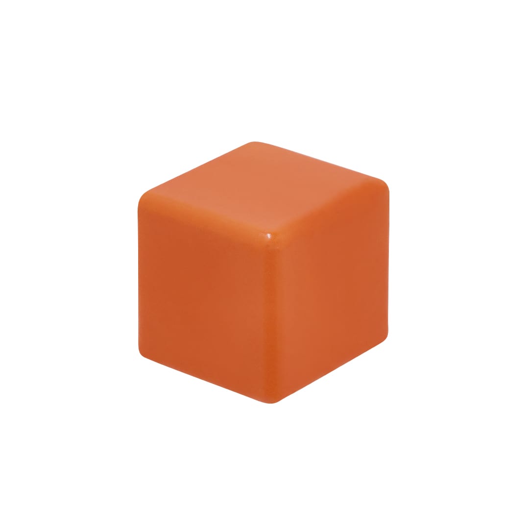 An orange stress cube with rounded edges, featuring a glossy finish and a simple square shape. Sanel Antistress - Image 1