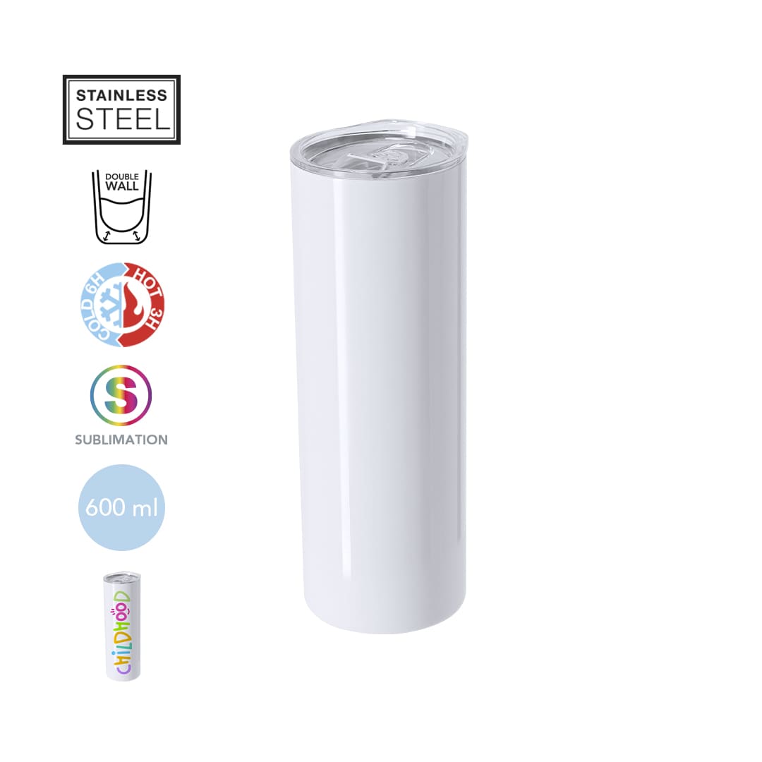 A drink bottle featuring a sleek white design, made from stainless steel with a double wall, capacity of 600 ml. Mizu Sublimation Insulated Cup - Image 1