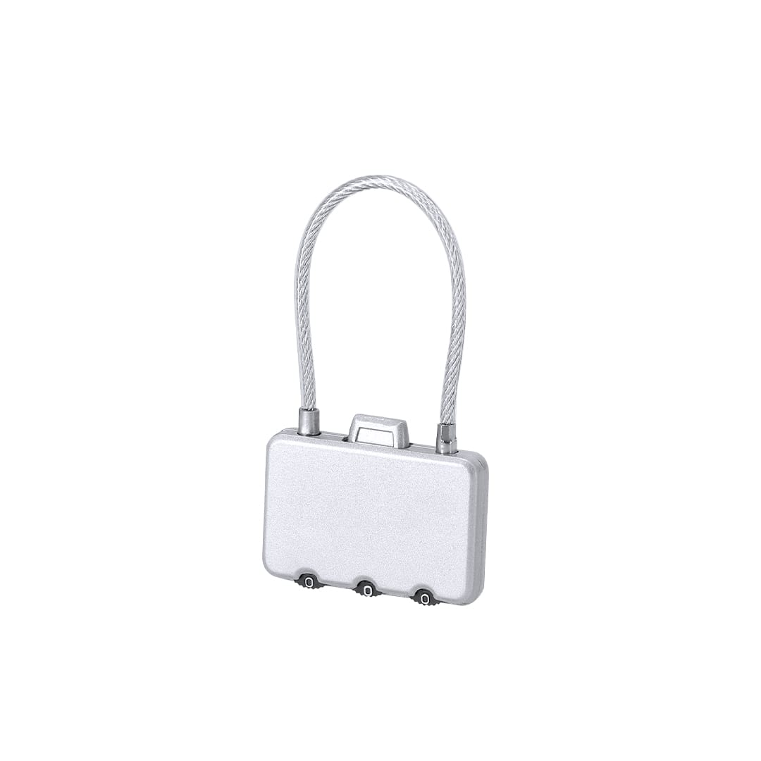 A silver padlock with a flexible wire loop and a sturdy, rectangular body. It features a logo. Konix Padlock - Image 1