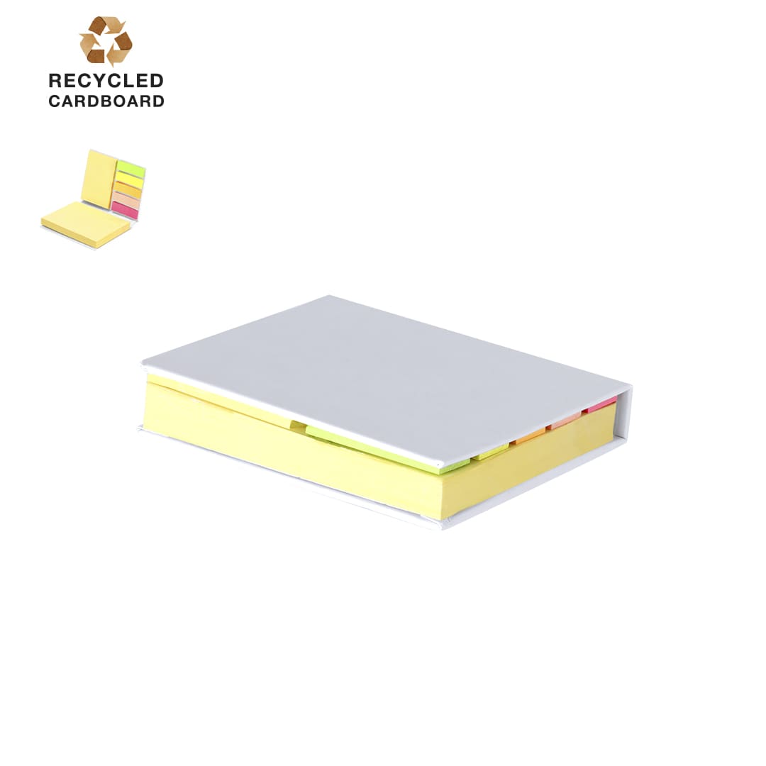 A sticky notepad featuring yellow, pink, green, and blue pages, with a grey cover made of recycled cardboard. Quepro Sticky Notepad - Image 1