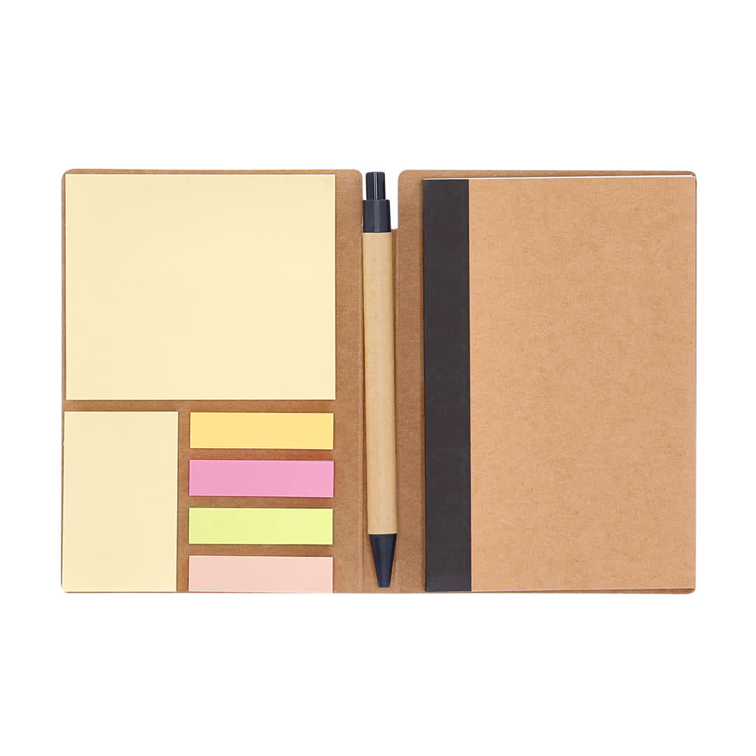 A sticky notepad set featuring yellow, pink, and green notes with a black pen, all in a brown kraft folder. Alina Sticky Notepad - Image 1