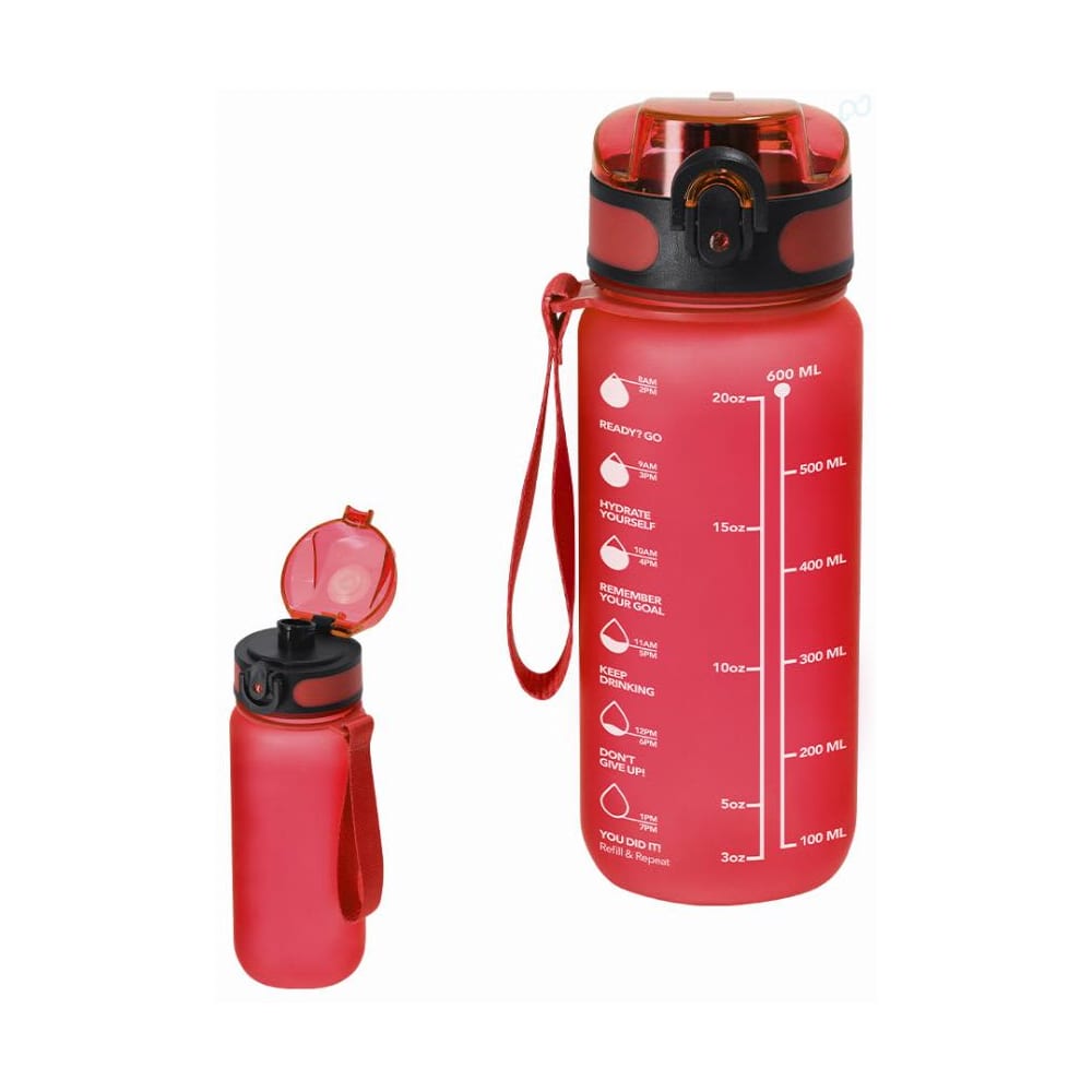 A drink bottle in a vibrant red colour with a black lid and a strap, featuring measurement markings on the side. Dalbin - Image 1